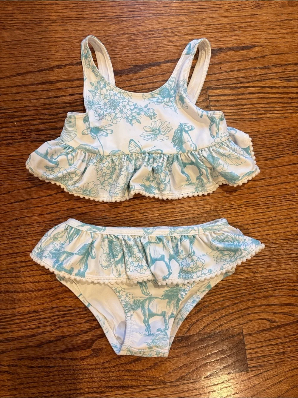 Posh Peanut Girls Two Piece Ruffle Bikini Blue Horses & Floral Print Size 2T
